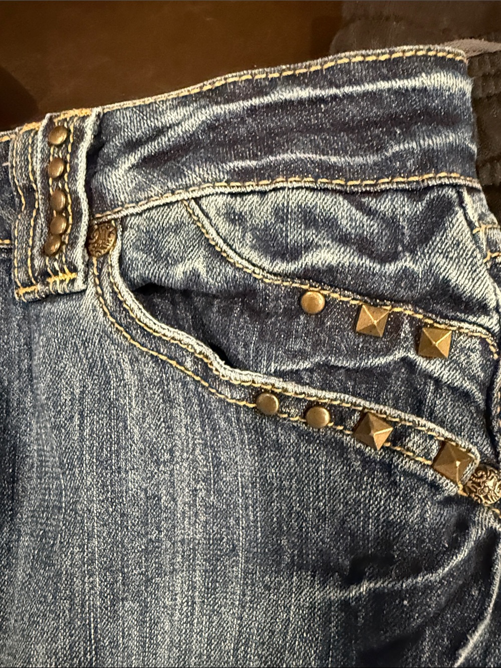 Dark Blue Denim A-Line Skirt with Stud Accents - Picture 4 of 8